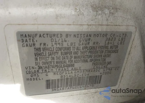 2016 Nissan Sentra Fe+ S/S/Sl/Sr/Sv из США, поврежденный, VIN 3N1AB7AP6GL640698